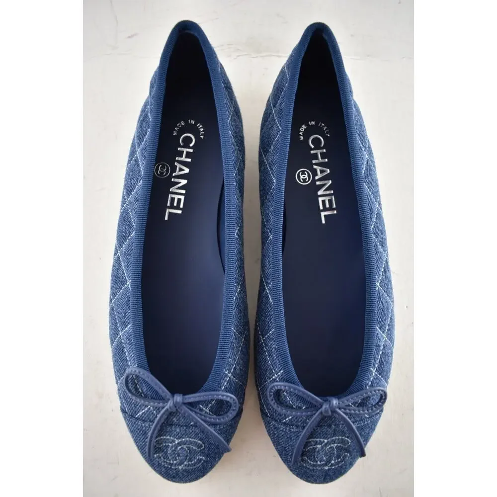 Chanel 26P Washed Denim Blue Quilted CC Logo Bow Tie Ballet Ballerina Flat 35 - Picture 14 of 16
